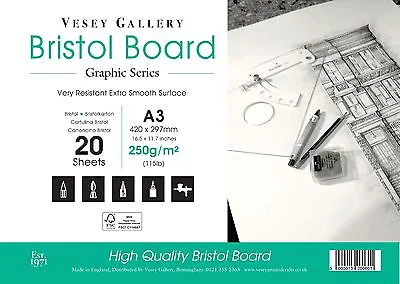 £11.95 • Buy Bristol Board Pad Sized A3 250gm Ultra Smooth White. 20 Sheets. Made In UK. 