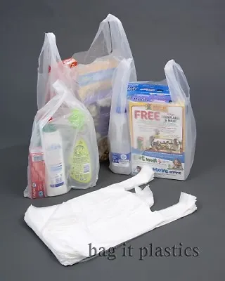 CARRIER BAGS WHITE VEST STYLE PLASTIC BAG SMALL MEDIUM & LARGE  100% Recyclable • £1.25