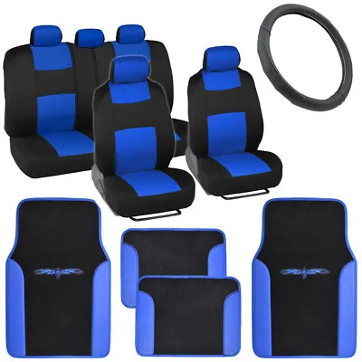 $49.90 • Buy Car Seat Covers Full Bench Set+PU Leather Carpet Floor Mat+Steering Wheel Cover