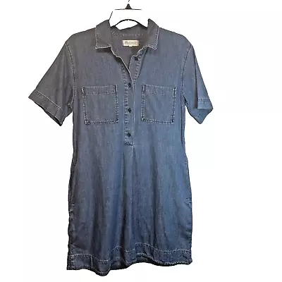 Madewell Chambray ShirtDress Size M Blue 1/2 Button Down Short Sleeve Pockets • $22.98