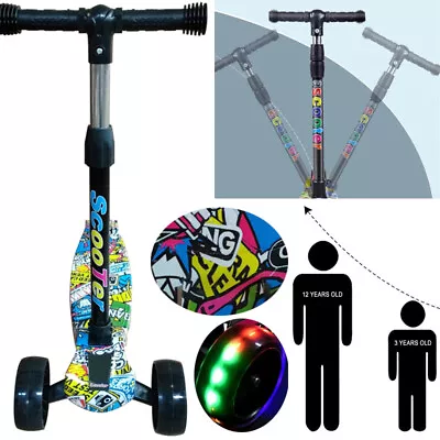 Kids Scooter Flashing LED Light Up Child Kick 3 Wheel Push Adjustable Folding • £12.99