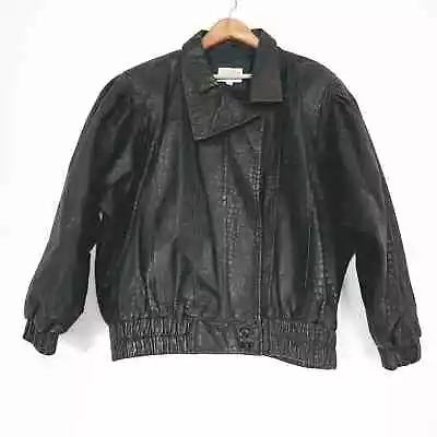 Vtg Crest Hallow Mens Croc Embossed Leather Bomber Jacket Size S 80S 90S Black • $41.23