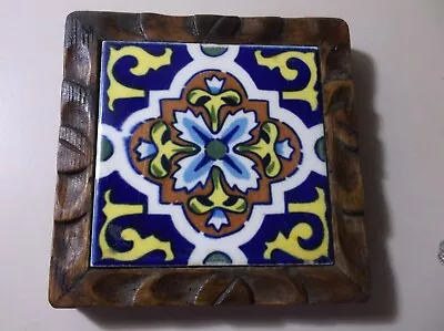 Vintage Mexican Tile Trivet Hand Carved Wood Frame Blue/Yellow/Orange 6  Square • $10.25