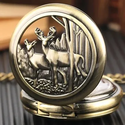 Retro Deer Quartz Pocket Watch Unisex Hollow Chain Watch Souvenir Holiday Gift • $25.98