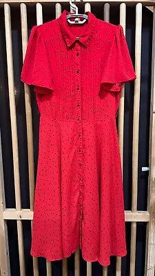 Nanette Lepore Midi Dress Women Size 6 Red Black Polka Dots Short Sleeves Collar • $24.88