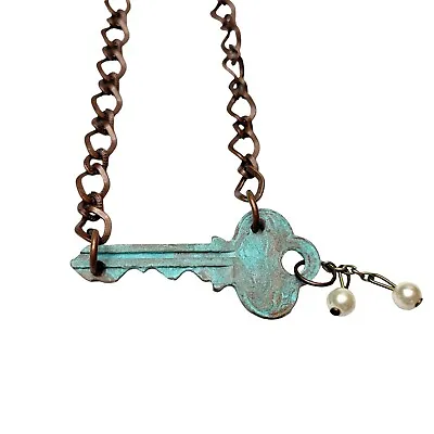 Antique P & F Corbin New Britain Connecticut Blue Key & Bronze Chain Necklace  • $9.95