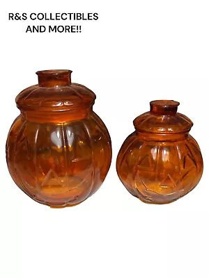 2 Vintage Orange Pumpkin Glass Halloween Jack O Lantern Jar With Lids 2 JARS • $29.99