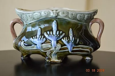 Faience Majolica Sm. Vintage Planter Green With Blue Flowers C19th 5.5 X 3.25 In • $55