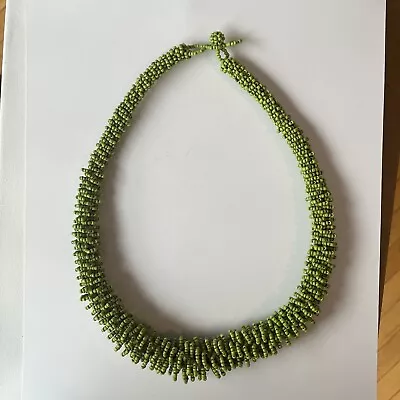 Vintage African Green Seed Bead Hand Braided Woven Necklace • $20