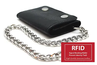 RFID Blocking Black Mens Leather Biker's Chain Trifold Wallet Trucker Motorcycle • $15.82