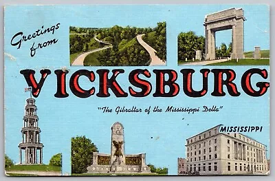 Greetings Vicksburg Mississippi Multi View Scenic Landmarks Linen Postcard • $3