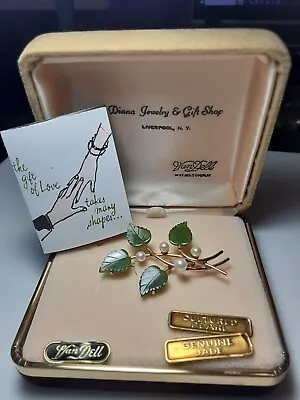  Van Dell Sterling Silver Gold Overlay Cultured Pearl Jade Leaf Brooch (BY8) • $41