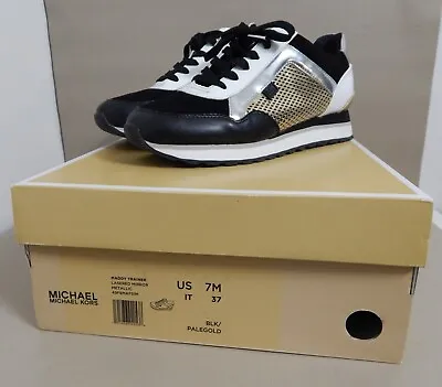 Michael Kors Maddy Trainer Mirror Metallic Blk Pale Gold Size 7 Women’s Sneaker • $38.95