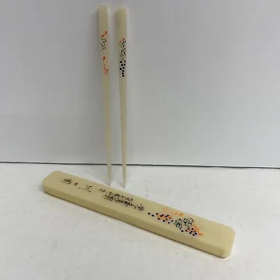 Vtg Asian Chopsticks Hair Sticks Picks W/ Case Box Hand Painted Oriental Cream • $14.95