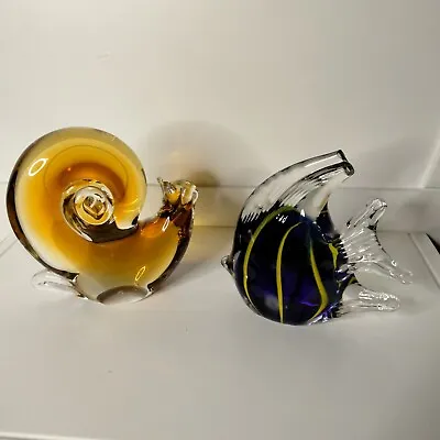 2 Murano Style Glass Paperweights Snail & Fish Figures Gold Cobalt Blue Yellow  • $15.58