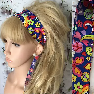 £4.49 • Buy BLUE 60s HIPPY PRINT PEACE LOVE COTTON FABRIC HEAD SCARF HAIR BAND SELF TIE BOW