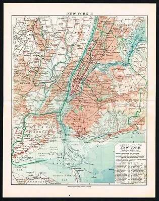 New York City Manhattan Brooklyn Antique Detailed German Map - Meyers 1925 • £30.18