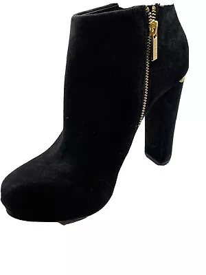 Michael Kors Black Suede Platform Ankle Boots W Gold MK Hardware - Size 8.5M • $55