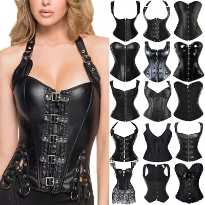 Women Steampunk Overbust Boned Black Corset Burlesque Basque Top Lace-Up Costume • $34.27