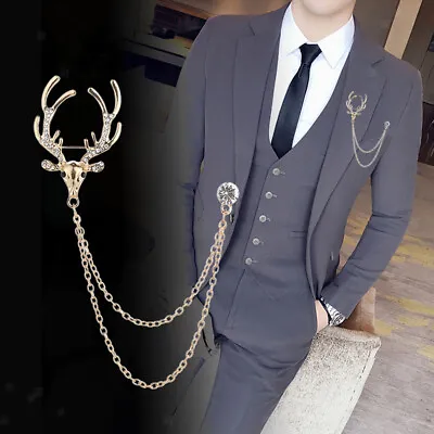 Men's Crystal Deer Head Brooch Chain Brooch Pin Badge For Suit Tie Hat Scarf • £5.48