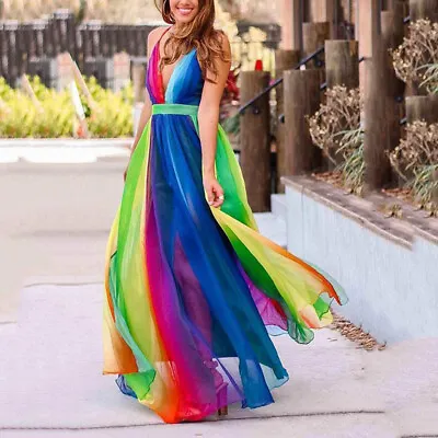 Sexy Women's Summer Beach Maxi Dresses Deep V Rainbow Chiffon Suspender Dress • £25.22