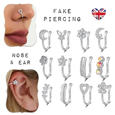 £3.99 • Buy Nose & Ear Ring Cuff Non Piercing Fake Clip On Stainless Steel Moon Flower Heart