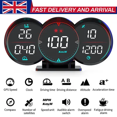 GPS HUD Gauge Head Up Car Digital Display Speedometer Turbo RPM Alarm Temp • £29.92