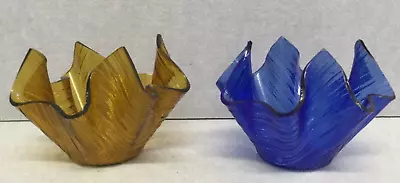 Handkerchief Glass Vase Dishes Amber Colbolt Blue Vintage T3509 • £10