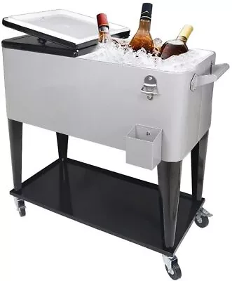 Gray 80QT Rolling Cooler Cart Ice Chest For Outdoor Patio Deck Party • $139.99