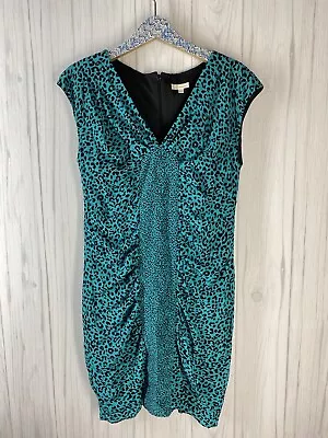 Shoshanna Women's Size 10 Teal Blue 100% Silk Leopard Print Bodycon Dress EUC • $17.99