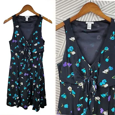 I Love H81 Dress Size Small Knee Pinup Retro Fit Flare Floral Print Tie Front • $18.69