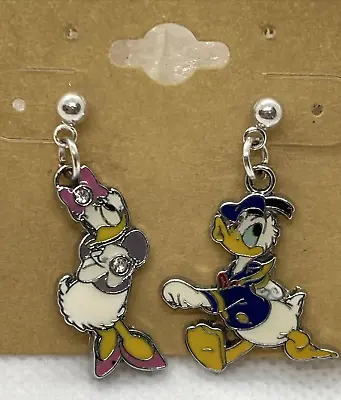 Vintage Donald Duck And Daisy Duck Enamel Dangle Drop Silver Tone Earrings • $11.22