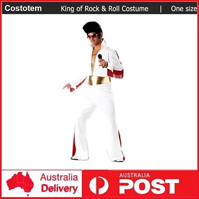 Mens 1950 60s 70s King Of Rock N Roll White Jumpsuit Costume Fancy Dress Presley • $35.99