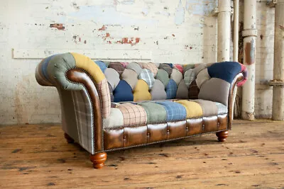 Handmade 2 Seater Multi Colour Wool & Leather Patchwork Chesterfield Sofa • £1695.75