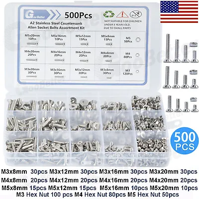 500x M3 M4 M5 Flat Countersunk Head Hex Socket Cap Screw Bolt Nut Assortment Kit • $15.55