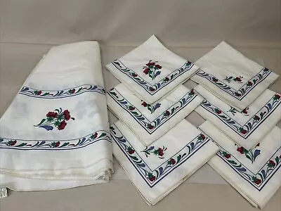 Vintage Lenox Linen Poppies On Blue 70  Round Tablecloth & 6 Napkins EUC! • $25