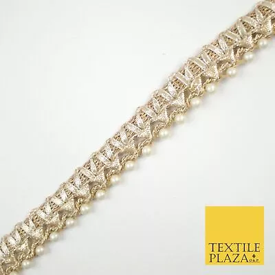 Gold Metallic Ribbon & Pearl Trim Border Ribbon Gota Lace 2cm Wide X690 • £2.75