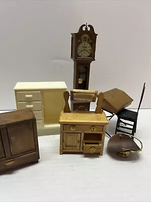 Lot Of 7 Misc Dollhouse Pieces Grandfather Clock School House Desk Chair Firewoo • $19.90
