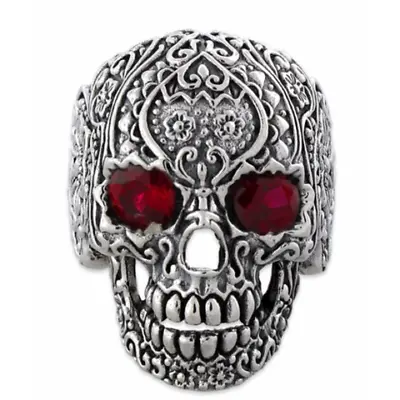 Vintage Skull Red Eyes Stone Flower Big Ring 925 Silver Plated For Men & Women • $13.99