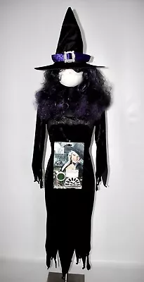 Ladies Black Long Velvet Witch Costume Gothic Temptress Halloween Fancy Dress 16 • £12.99