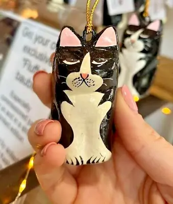 Fair To Trade Hand Made Black And White Cat Christmas Hanging Bauble Decoration • £5.29