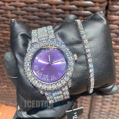 Iced Hip Hop Silver Pt Diamond Cut Purple Dial Bling Silver Watch Bracelet Set • $14.24