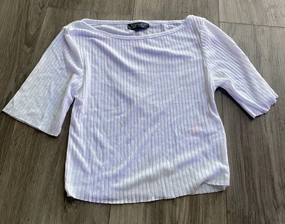 £4.83 • Buy Topshop Womens White Ribbed Slash Crop Skinny Raw Edge Tee Shirt Size 4