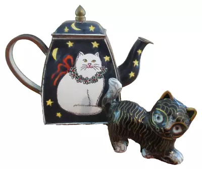 Vintage Miniature Enamel Teapot Blue W/ White Cat Moon Stars AND Mini Enamel Cat • $34.79