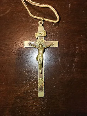 4-1/8  Wood Inlaid Memento Mori Pectoral Crucifix 1950s Vintage • $53