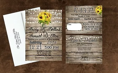 Sunflower Wedding Invitations Rustic Personalized With Envelopes And RSVP 50 • $67