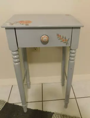 Table Painted Decorated Side Table Plant Stand One Drawer Grey /orange Flower • $75