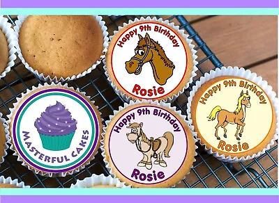 24 Personalised Horse / Pony Design Edible Rice Paper Cup Cake Toppers • £3.45