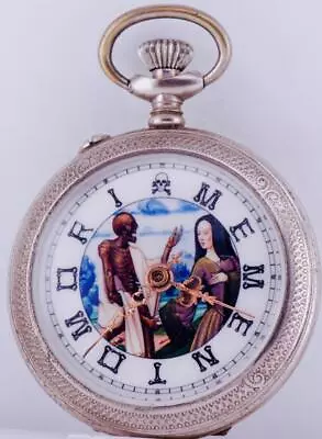 Antique Victorian Pocket Watch MEMENTO MORI Skeleton Enamel Dial C1890's RARE • $842.07