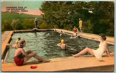 Swimming Pool Meadowside Mt Pocono PA Hand Colored Collotype Postcard C14 • $9.95